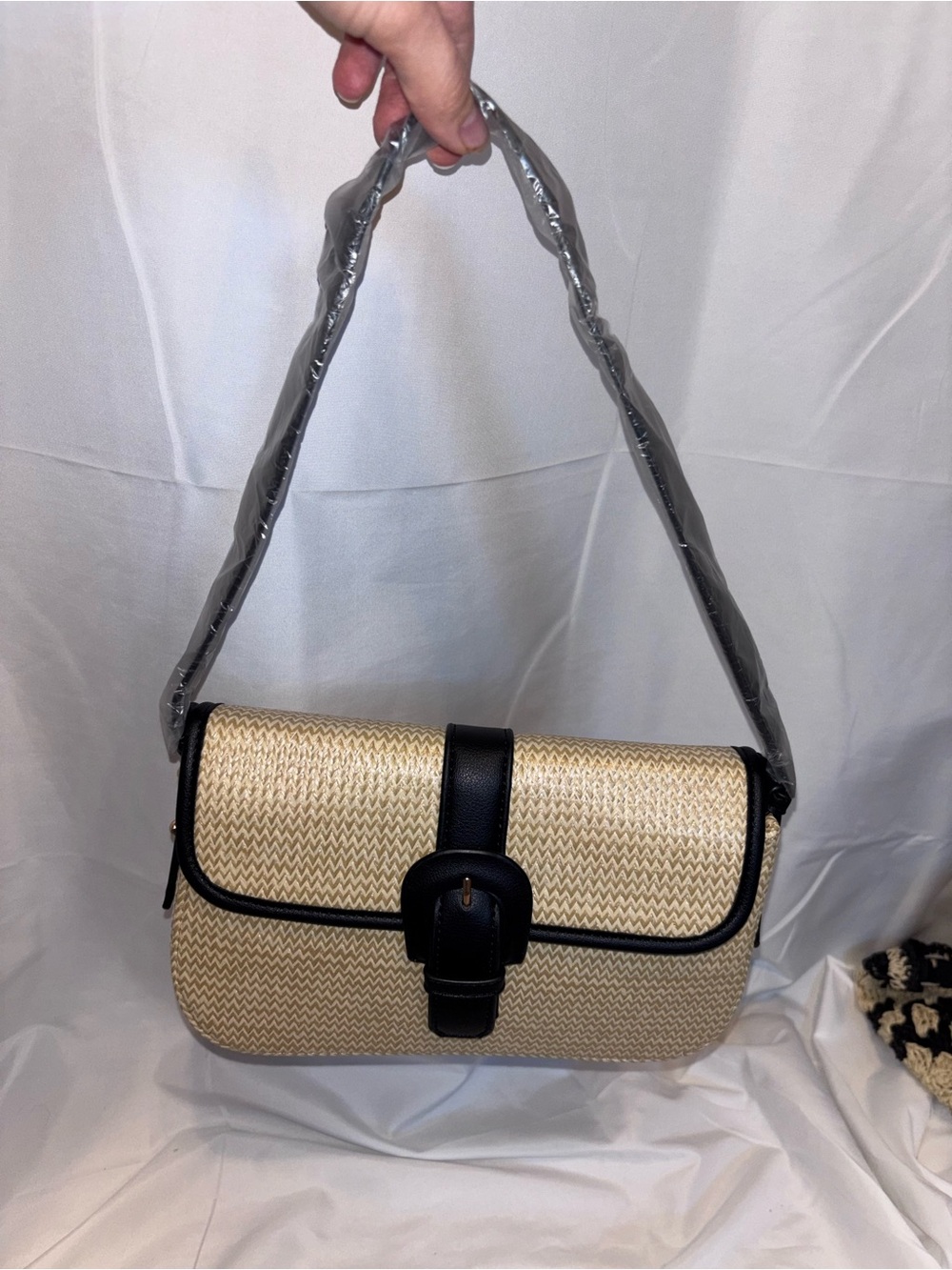 NEW Pink Lily Woven Straw Bag with Black Trim